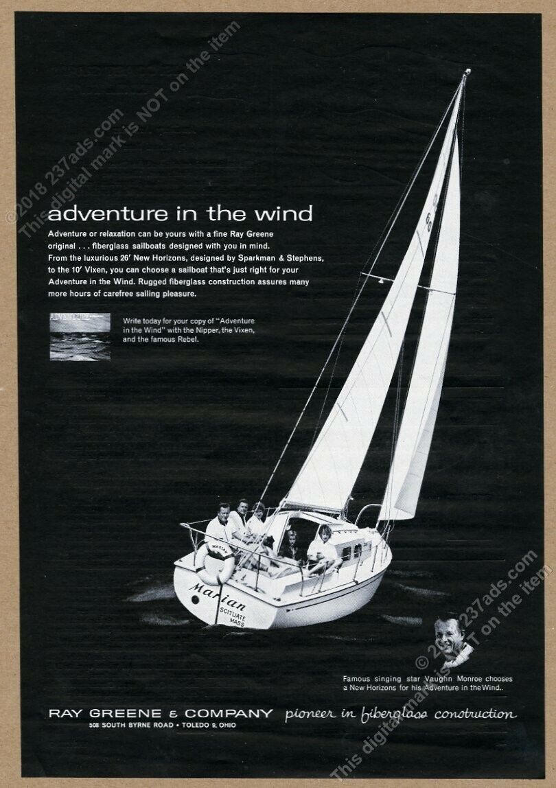 1961 Ray Greene New Horizon Sailboat Sail Boat Vaughn Monroe Photo Print Ad
