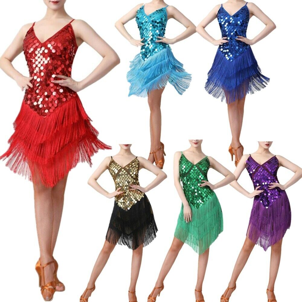 Women Dance Dress Sequin Fringed Flapper Dress Latin  Salsa Tango Ballroom Dress