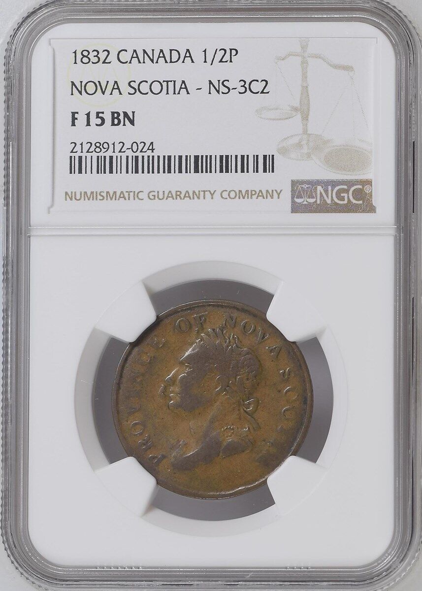 1832 Canada 1/2 Penny Token. Nova Scotia NS-3C2. NGC F 15 BN.
