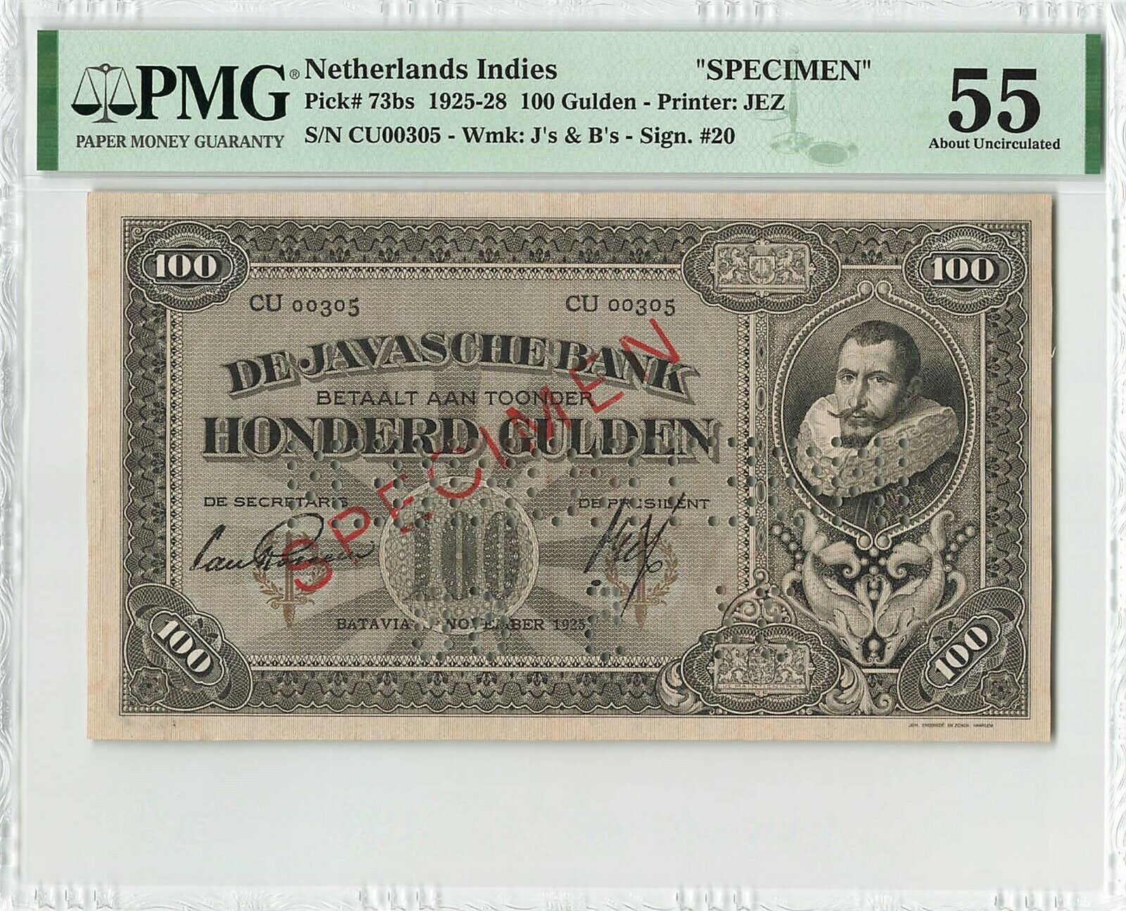 Netherlands Indies 100 Gulden 1925 Specimen Indonesia Pick 73s Pmg About Unc 55