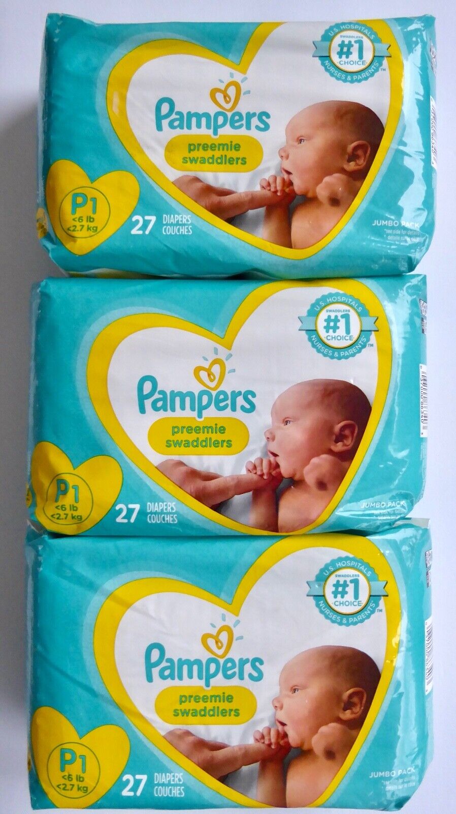 Lot Of 3 Pampers Swaddlers Diapers - Preemie P1    6 Lb - 27 Pack New Sealed =81