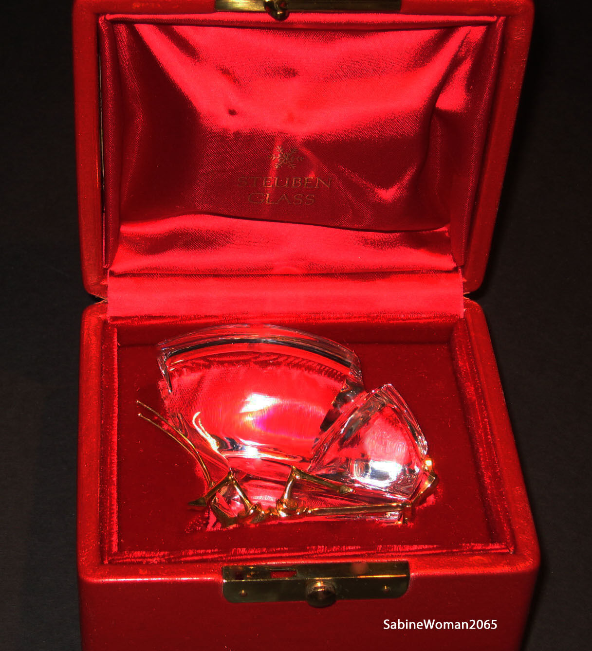 New In Red Box Steuben Art Glass 18k Gold Butterfly Morpho Ornament Heart Love