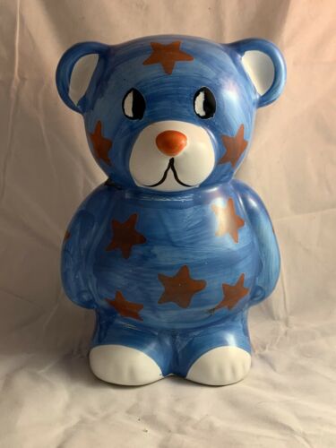 Vintage Mid Century Ceramic Blue Teddy Bear Coin Bank With Red Stars.  Italy