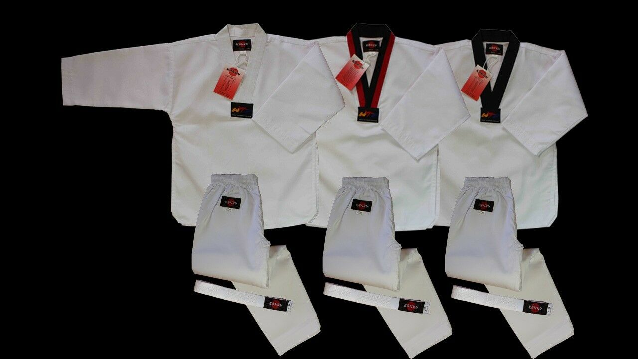 Kanku New Taekwondo  Uniform 7.5oz Adult And Kids Wtf, White, Black, Poom