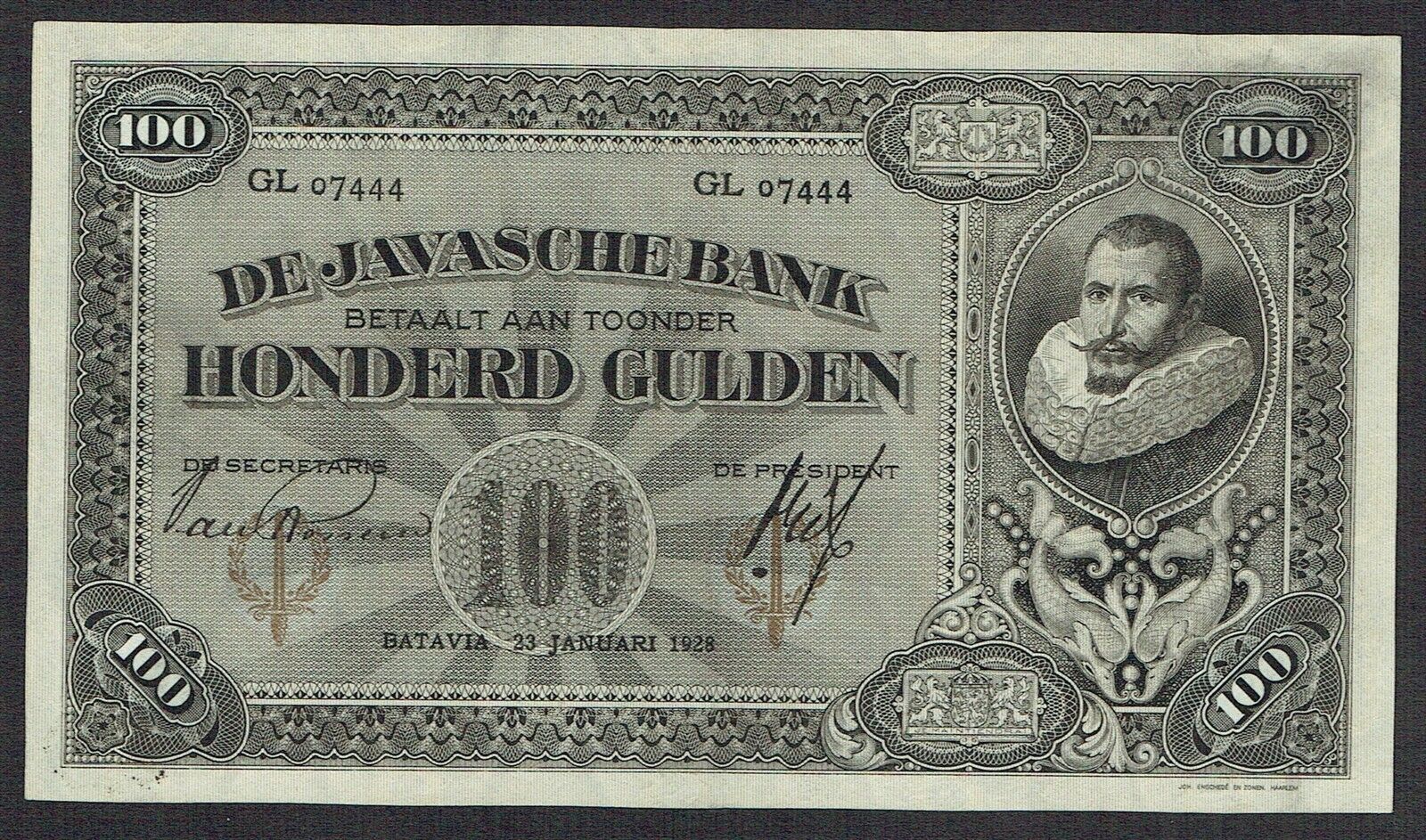Netherlands Indies 100 Gulden 1928 Au/unc J.p. Coen Indonesia P73 Gl07444