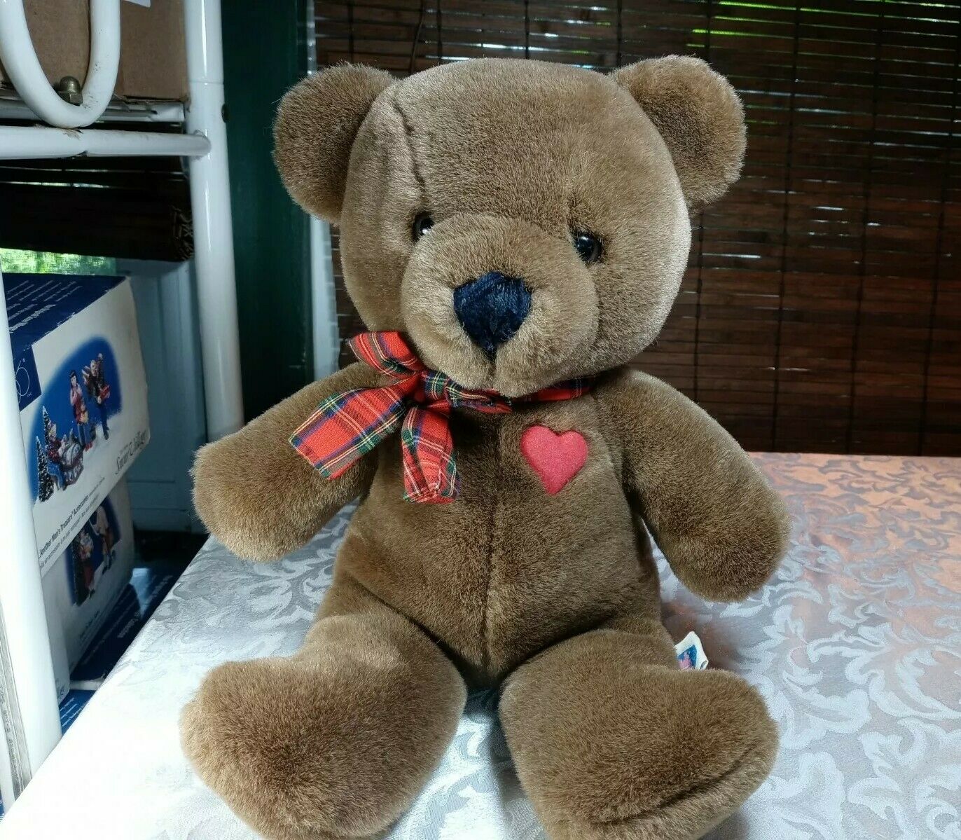 Dakin Vintage Baby Things Brown Teddy Bear  Ribbon Red Heart Stuffed Plush