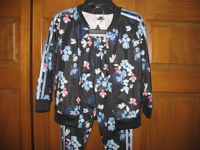 Girls Boys? Adidas Track Outfit - Pants & Jacket - Blue Flowered Size 6 Youth