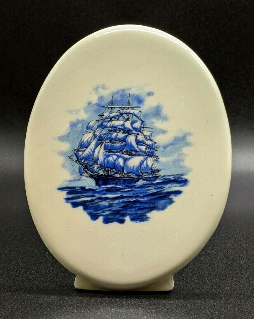 Tall Ship Blue And Ivory Ceramic Oval Decorative Table Top Stand 5" Unbranded