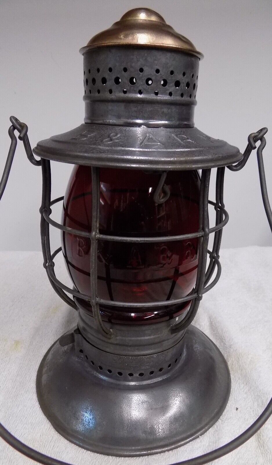 B&A RR Boston & Albany Railroad Lantern Red Cast Globe Brass Top Bell Bottom