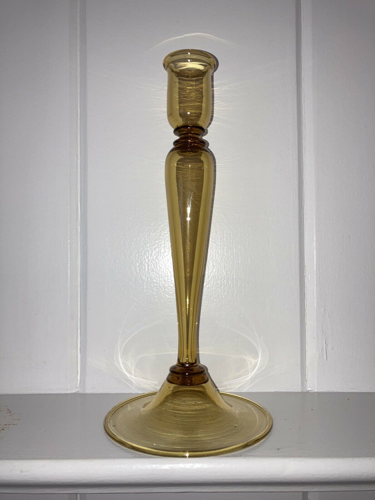 12 Inch Antique Amber Topaz Blown Art Glass Candlestick  Art Deco Durand Steuben