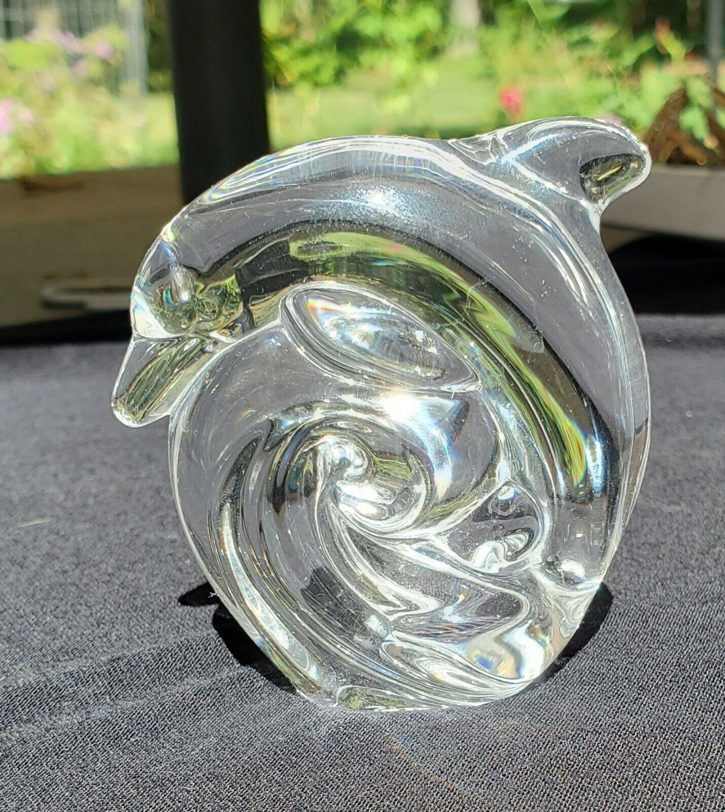 SIGNED STEUBEN CRYSTAL DOLPHIN HAND COOLER PAPER WEIGHT