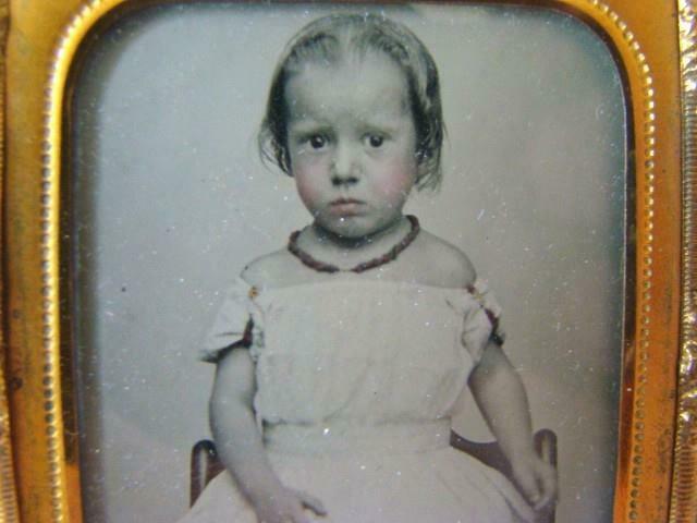 Antique Ambrotype Photograph Case, Young Girl, Off-shoulder Gown, Coral Necklace