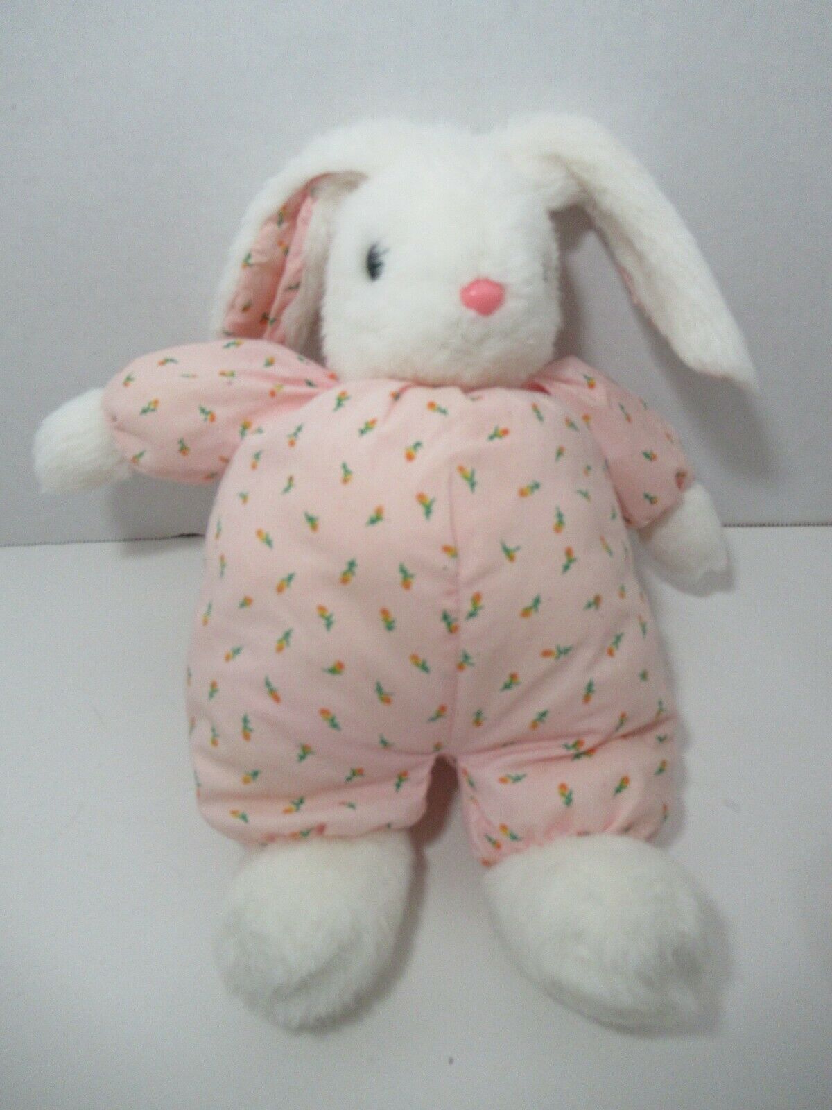 Plush White Bunny Rabbit Rosebud Print Pink Attached Outfit Ears Vintage Spots