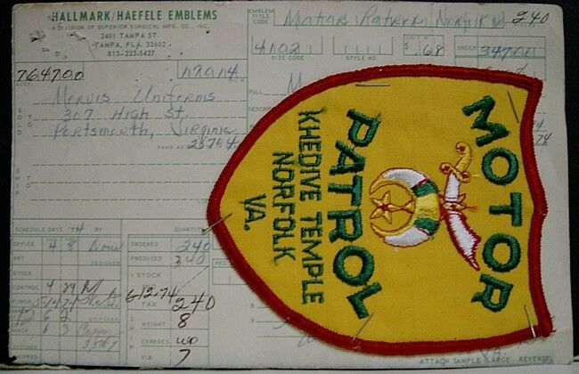 1974 Motor Patrol Khedive Temple - Norfolk, Va Jacket Patch On File Card