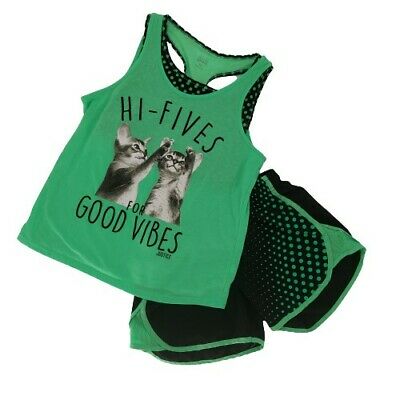 Justice Active 14 Activewear Set Shorts w/ Tank Top Black Green Kitten Graphic