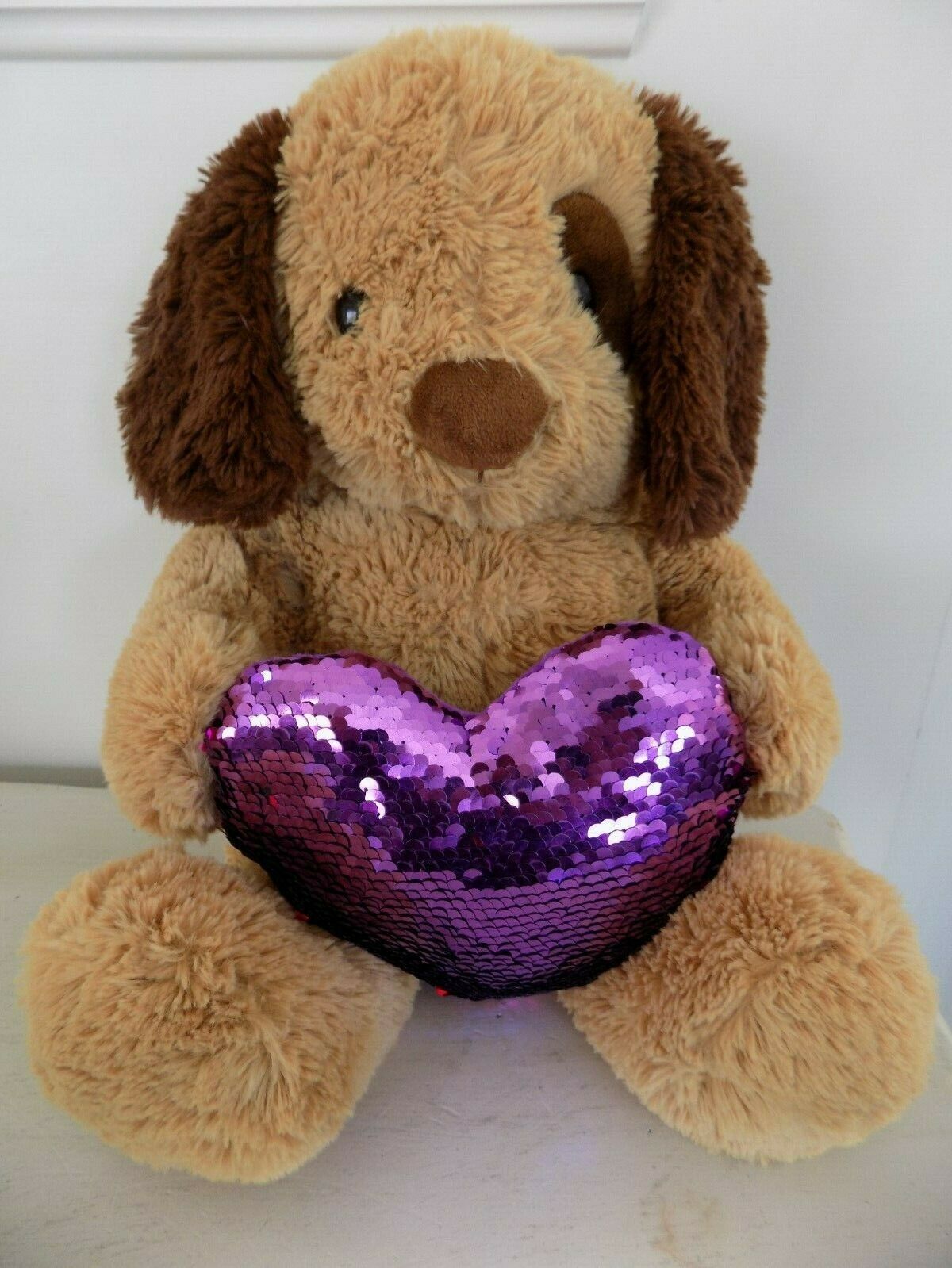 Dan Dee Collectors Choice Plush Brown Puppy Dog Flip Sequin Heart Red Purple