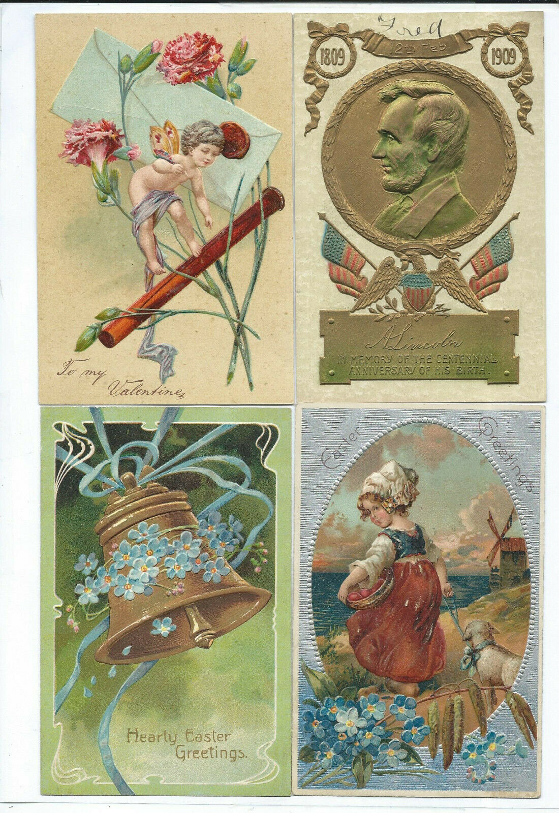 Lot Of 4  Pfb Postcards Easter Valentine Lincoln