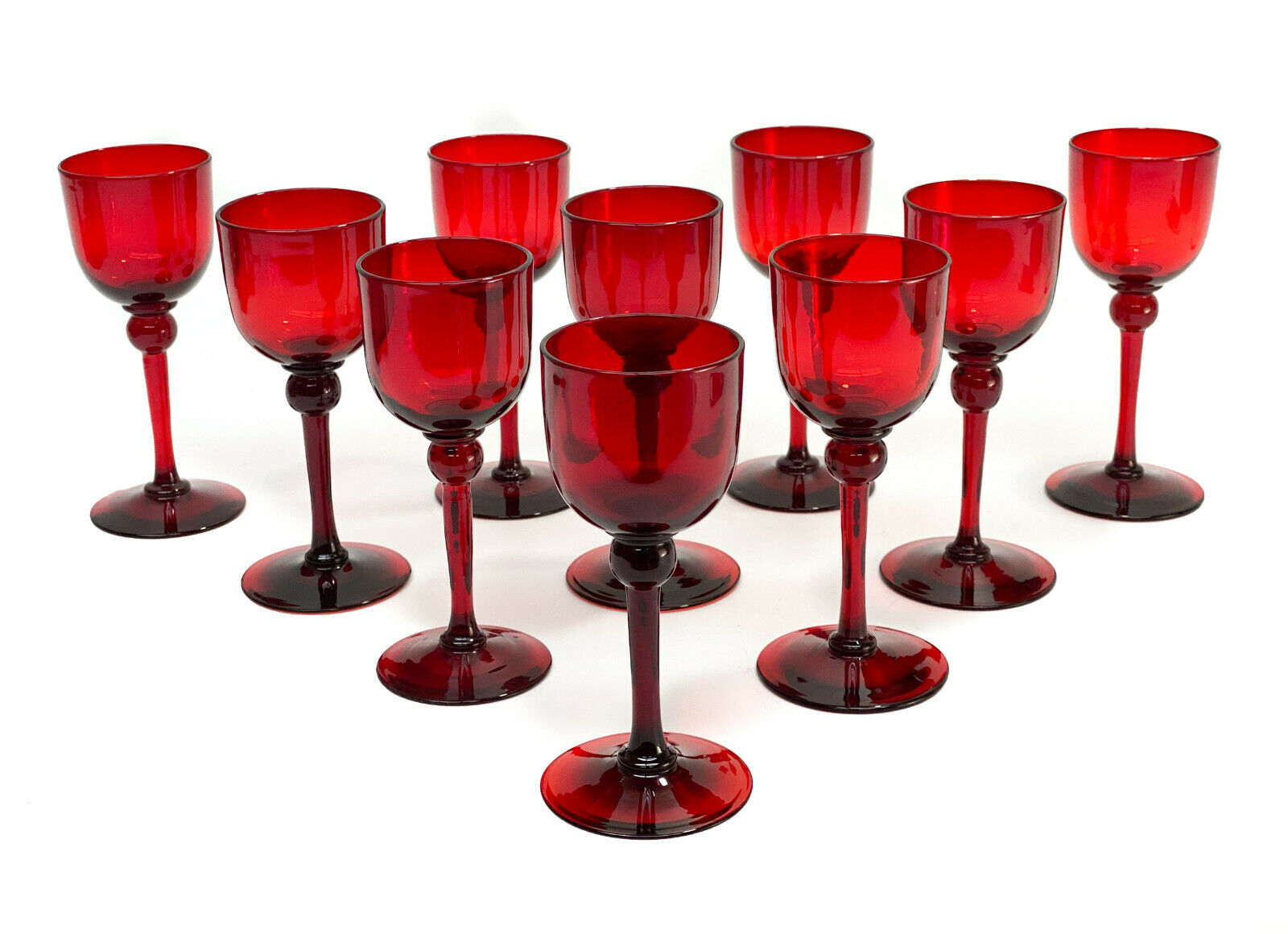 10 Steuben Selenium Red Glass Wine Goblets #6963. Polished Pontil
