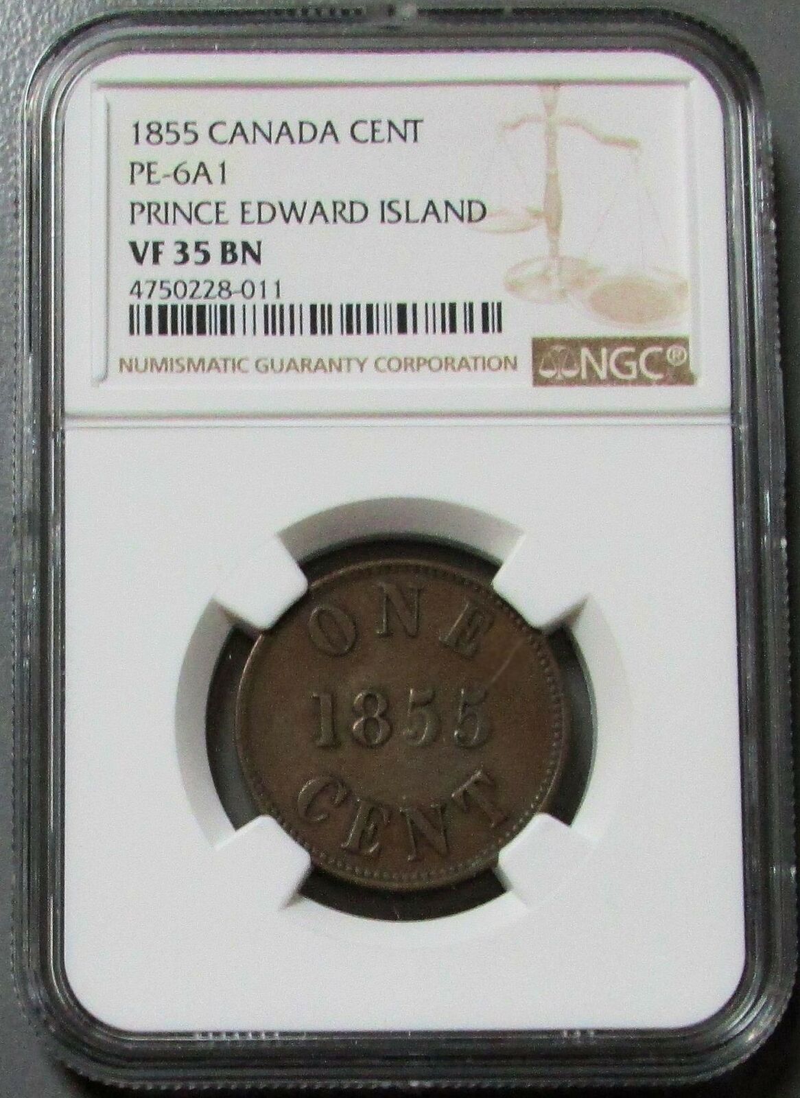 1855 CANADA ONE CENT PRINCE EDWARD ISLAND FISHERIES NGC VERY FINE 35 BN PE-6A1