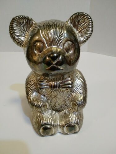Vtg Silver Tone Metal Teddy Bear Coin Bank Detailed Exc. Cond. With Bottom Plug